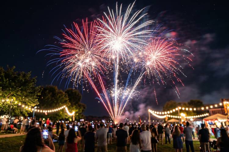 Spectacular patriotic red, white, and blue fireworks display over a summer festival crowd. Many spectators are holding up smartphones to take pictures. String lights illuminate the community gathering