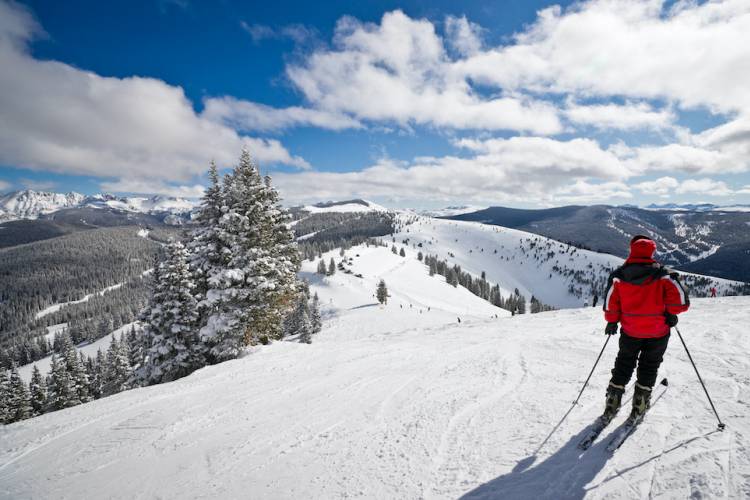 man in red jacket skiing Vail Back Bowls