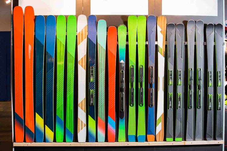 Skis lined up in a ski shop